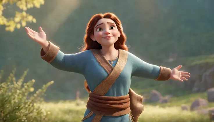 a cartoon of biblical time teenage girl happily running with arms open wide in heaven, dressed like the bible times, a very beautiful place in heaven, beautiful tress, lions and tigers, animated film, 3 d animated movie, animated still, animated movie, ins...