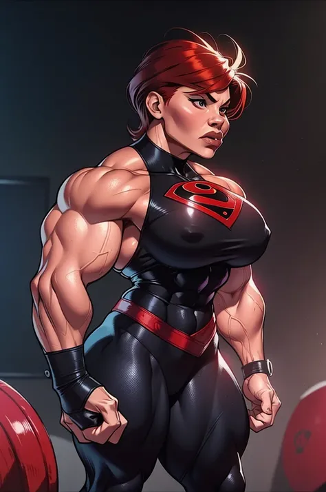 muscle woman with short red feathered hair flexing muscles wearing black superhero outfit, muscle woman, big muscles, huge muscles, massive muscles, mature woman