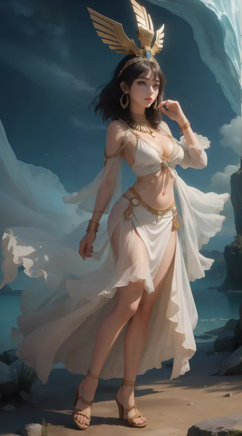 tmasterpiece，Highest image quality，Beautiful full body portrait of noble ancient egyptian girl，Delicate black hairstyle，Short hair tied up，tying  hair，clear sea blue eyes，Ancient Egyptian white clothes were simple and elegant，(heeled sandals)，Ancient Egypt...