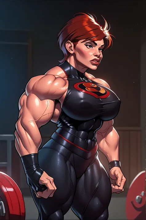 muscle woman with short red feathered hair flexing muscles wearing black superhero outfit, muscle woman, big muscles, huge muscl...