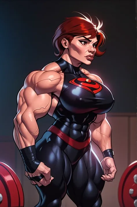 muscle woman with short red feathered hair flexing muscles wearing black superhero outfit, muscle woman, big muscles, huge muscl...