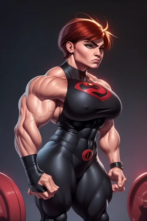 muscle woman with short red feathered hair flexing muscles wearing black superhero outfit, muscle woman, big muscles, huge muscles, massive muscles, mature woman