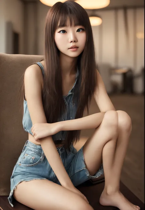 Best Quality, masutepiece, 超A high resolution, (Photorealistic:1.4), Raw photo
,(((Spread your legs, Sit with your knees bent)))),Full body shot,(A detailed face),　(19 year old Japanese beautiful girl)、(Natural makeup),1womanl,Brown hair,Medium Hair,Asymme...