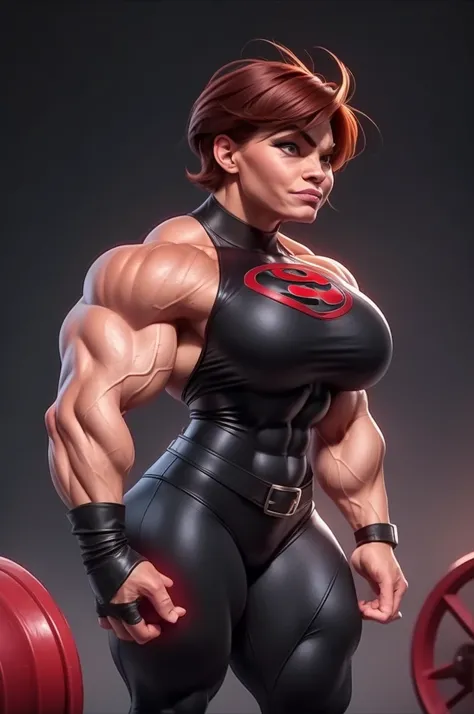 muscle woman with short red feathered hair flexing muscles wearing black superhero outfit, muscle woman, big muscles, huge muscles, massive muscles, mature woman