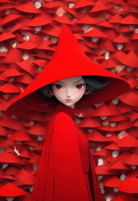 Wearing a red dress、With a hat on、Araf woman wearing big white fan, Surrealist sculptures inspired by Ray Caesar, CG Social Trends, concept-art, Avant-garde fashion model, Asian woman made from origami, red clothes and hat, Red dress and magic witch hat, R...