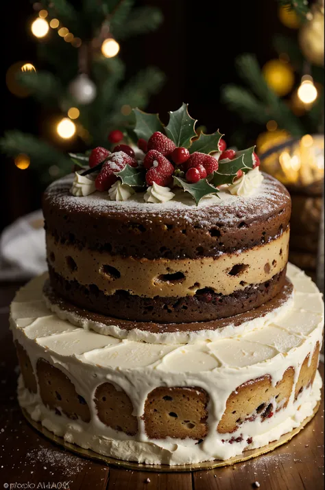 A delicious christmas cake, saboroso, foto promocional, detalhes intrincados, hdr, cinemactic, adobe lightroom, altamente detalhado