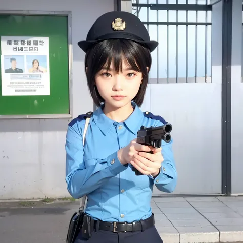 policewoman, short hair, holding pistol, police officer uniform