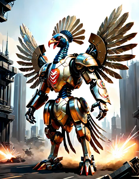 (epic digital drawing:1.3), an impressive image of a ((turkey-inspired battle mecha)) ((in the shape of a turkey)) standing tall and ready for combat, sleek, futuristic lines, featuring (metallic feathers) and intricate mechanical details, dynamic pose hig...