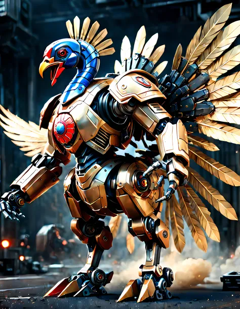 (epic digital drawing:1.3), an impressive image of a ((turkey-inspired battle mecha)) ((in the shape of a turkey)) standing tall and ready for combat, sleek, futuristic lines, featuring (metallic feathers) and intricate mechanical details, dynamic pose hig...