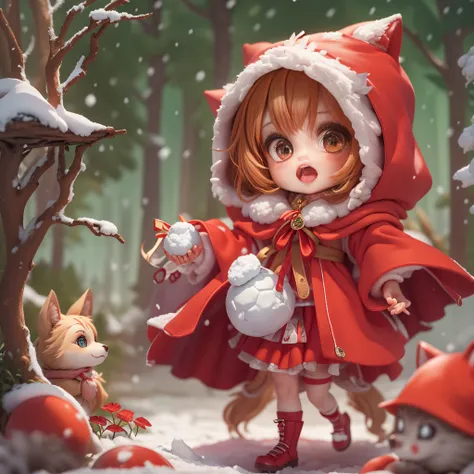 The cute little red riding hood is having a snowball fight with the cute big bad wolf，chibi anime, red hooded dress，complete body：1.7，