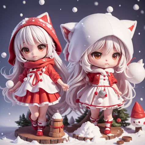 The cute little red riding hood is having a snowball fight with the cute big bad wolf，chibi anime, red hooded dress，（Complete body：1.7），blank scene，Add base，