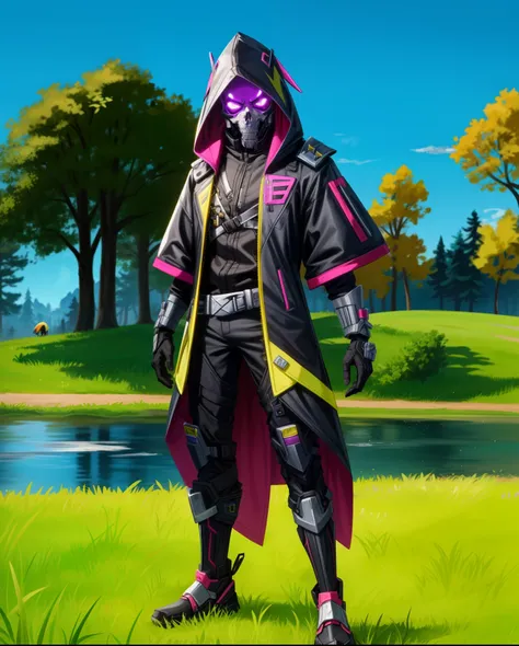 a close up of a person in a costume standing in a field, cyber skeleton, as a fortnite character, punk grim reaper, chrome outfi...