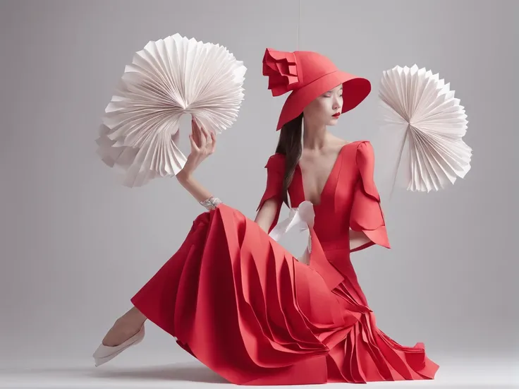 Wearing a red dress、With a hat on、Araf woman wearing big white fan, Surrealist sculptures inspired by Ray Caesar, CG Social Trends, concept-art, Avant-garde fashion model, Asian woman made from origami, red clothes and hat, Red dress and magic witch hat, R...