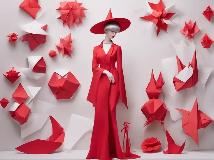 Wearing a red dress、With a hat on、Araf woman wearing big white fan, Surrealist sculptures inspired by Ray Caesar, CG Social Trends, concept-art, Avant-garde fashion model, Asian woman made from origami, red clothes and hat, Red dress and magic witch hat, R...