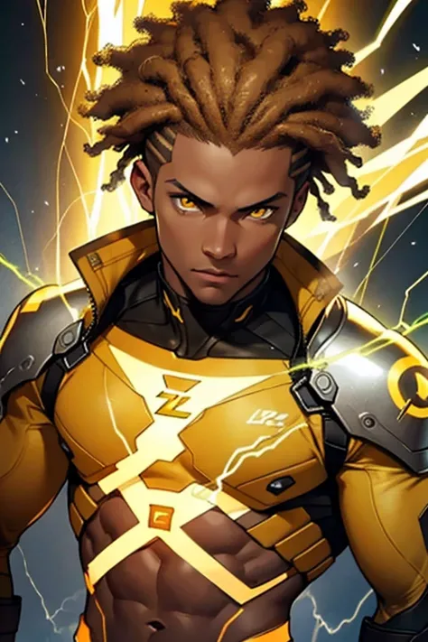 Afro-Latino man With Lightning Bolt Yellow Eyes, brown Afro Hair, 4k Image, Close Up, Abs, Hot, futuristic Outfit, Ethereal, Surrounded By Lightning, Yellow Lightning Storm Background