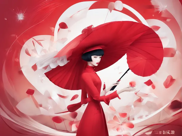 Wearing a red dress、With a hat on、Araf woman wearing big white fan, Surrealist sculptures inspired by Ray Caesar, CG Social Trends, concept-art, Avant-garde fashion model, Asian woman made from origami, red clothes and hat, Red dress and magic witch hat, R...