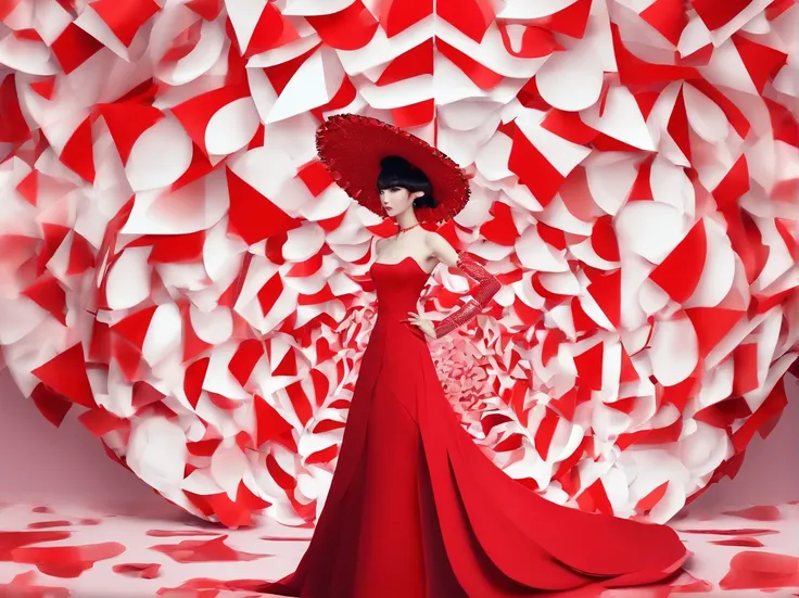 Wearing a red dress、With a hat on、Araf woman wearing big white fan, Surrealist sculptures inspired by Ray Caesar, CG Social Trends, concept-art, Avant-garde fashion model, Asian woman made from origami, red clothes and hat, Red dress and magic witch hat, R...