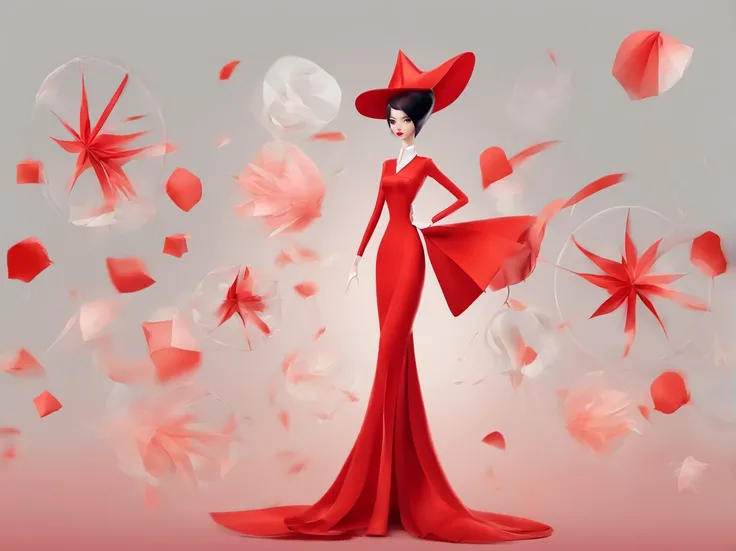 Wearing a red dress、With a hat on、Araf woman wearing big white fan, Surrealist sculptures inspired by Ray Caesar, CG Social Trends, concept-art, Avant-garde fashion model, Asian woman made from origami, red clothes and hat, Red dress and magic witch hat, R...