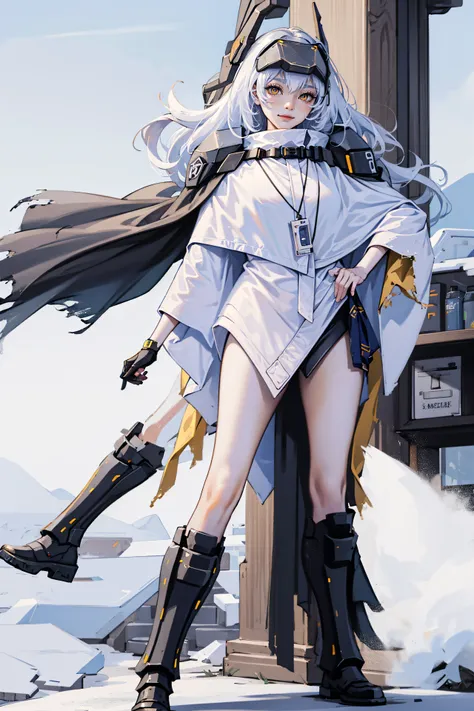 yellow eyes, white hair, long hair, headgear, mechanical boot, cloaks, bare legs, single pole dron,((full body)),top-quality、​ma...