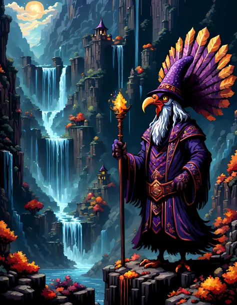 (pixel art:1.3), (solo:1.3), a mesmerizing fantasy scene where an ((anthropomorphic turkey dark wizard)) sinister and captivatin...