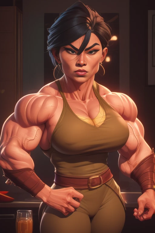 pixarstyle a waist-length portrait of a mature chinese muscle woman in a bronz superhero outfit, kitchen, natural skin texture, 4k textures, hdr, intricate, highly detailed, sharp focus, cinematic look, hyperdetailed,  muscle woman, big muscles, huge muscl...