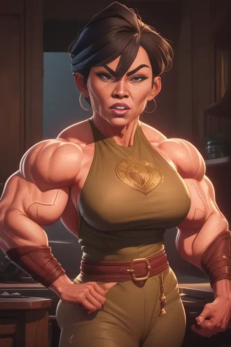 pixarstyle a waist-length portrait of a mature chinese muscle woman in a bronz superhero outfit, kitchen, natural skin texture, 4k textures, hdr, intricate, highly detailed, sharp focus, cinematic look, hyperdetailed,  muscle woman, big muscles, huge muscl...