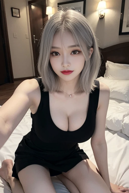 Full body of 14 year old beautiful Japan, white hair, big round breasts, cleavage, black tank top, short skirt, beautiful eyes in every detail, half eyes closed: 1.4, eyelashes, beautiful double eyelids, eye shadow, separated eyes, hanging eyes, beautiful ...