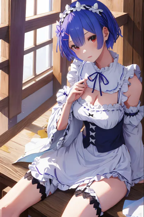 masutepiece, best quality, hight resolution, ram1, 1girl in, solo, remu \(re:staynight\), blue hair, white thighhig, short hair,...