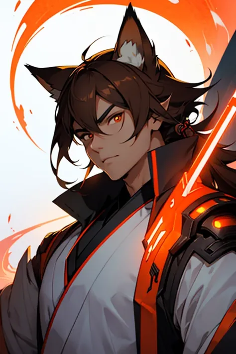 Asian Man, Brown Hair, Wearing Futuristic Fox Ears, Futuristic Outfit, Soft Face, Ethereal, Anime Style, Shinto Temple Background, Fierce Look, Glowing Orange Eyes