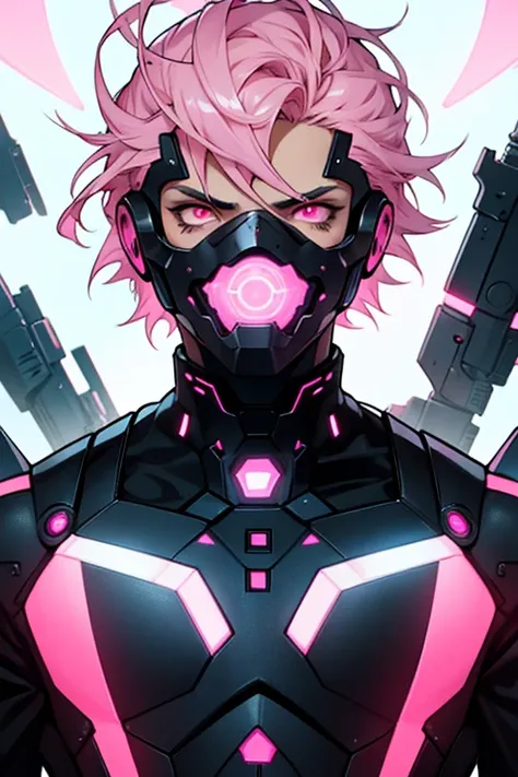 Latino Man, Pale Pink Hair, Wearing Black Futuristic Mask, Futuristic Outfit, Soft Face, Ethereal, Anime Style, Fierce Look, Glowing Pink Eyes