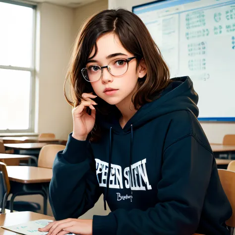 teenage girl, dark brown hair with highlights, dark brown eyes, clear glasses, penn state hoodie, in math class, pixar