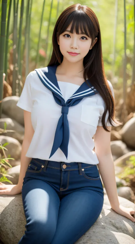 a pregirl，30-years old, ssmile, looking at viewert, Sailor Suit M,Skin Tight Jeans, Photore, realisticlying, best qualtiy, employee, 详细的脸, Sitting on a big rock in the middle of a bamboo forest, diffuse lighting, depth of fields, Background bokeh