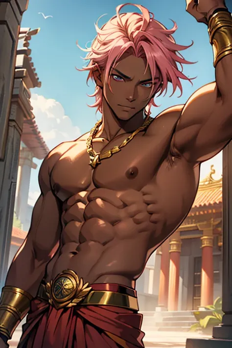 Dark Skin Boy With Glowing Powerful Eyes, Rosé Hair Of Love, Showing Chest, Showing Midriffs, Anime Style, 4k Image, Close Up, Abs, African God Outfit, Wearing Golden Laurel Halo, Ethereal, African Temple Castle Background