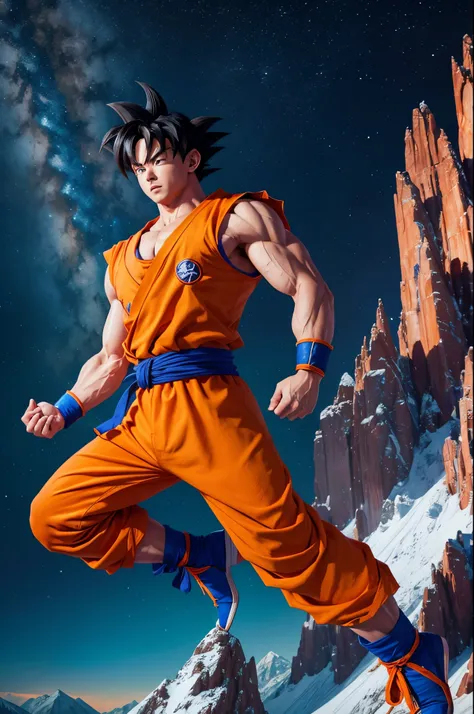 Goku from dragon ball Z, meditation pose, 8k, best quality, Ultra high resolution, 1Guy, muscular goku, Orange Gi, blue boots, blue wrist band, background of mountains, sky of stars,