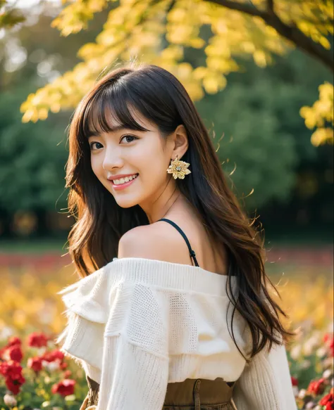 ((Masterpiece)), 8k, Masterpiece, Highest quality, 1 girl, Solo, Real, Autumn garden, Photorealistic, Super detailed, Detailed background, (Solo: 1.4), Happy expression, Slender body, Real Highly detailed long hair, intricate details, masterpiece, top qual...