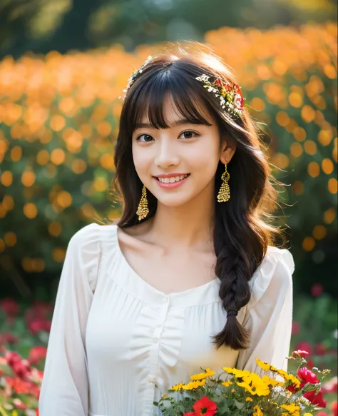 ((Masterpiece)), 8k, Masterpiece, Highest quality, 1 girl, Solo, Real, Autumn garden, Photorealistic, Super detailed, Detailed background, (Solo: 1.4), Happy expression, Slender body, Real Highly detailed long hair, intricate details, masterpiece, top qual...