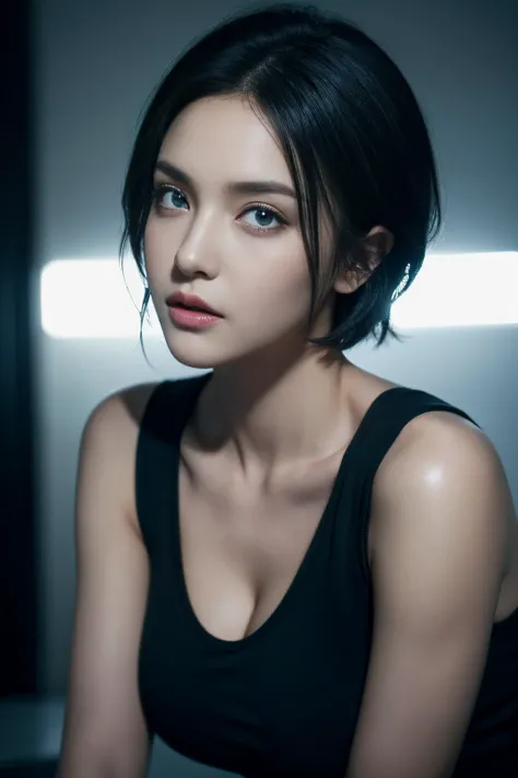 Skin Tight Black Top:1.2, Looking at Viewer, Cinematic lighting, Perfect, softlight, High resolution skin:1.2, Realistic skin texture, Realistic face, off shoulders, Exposed cleavage, Blue eyes,  Short hair,