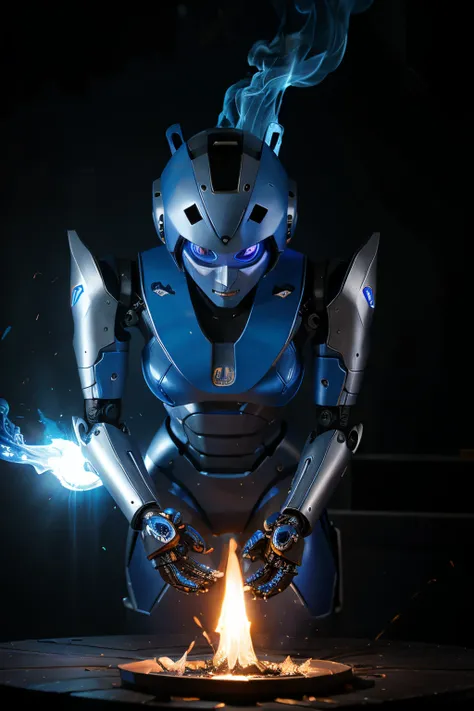 Robot holding blue flame