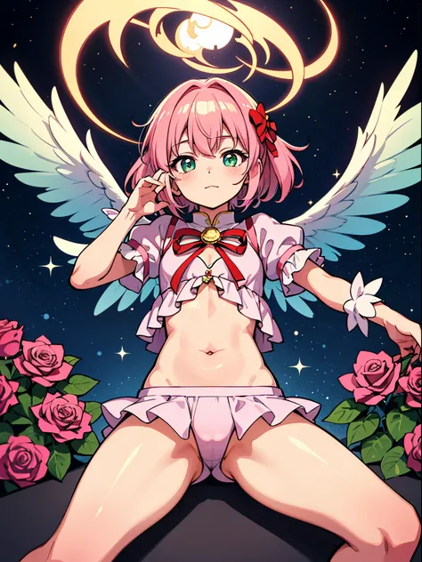 magical little girlまどか☆マギカ　　Madoka Shikame　A pink-haired　bright pink color　short-hair 　big red ribbon　The ribbon is tied at the back、校服　magical little girl　Eye color is green　sitted, Open your legs　mature_female, YorForger, jewely, looking at the viewers, ...