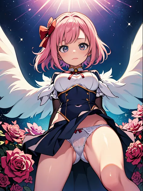 magical little girlまどか☆マギカ　　Madoka Shikame　A pink-haired　bright pink color　short-hair 　big red ribbon　The ribbon is tied at the back、校服　magical little girl　Eye color is green　sitted, Open your legs　Mature_Female, Yovoja, jewely, looking at the viewers, den...