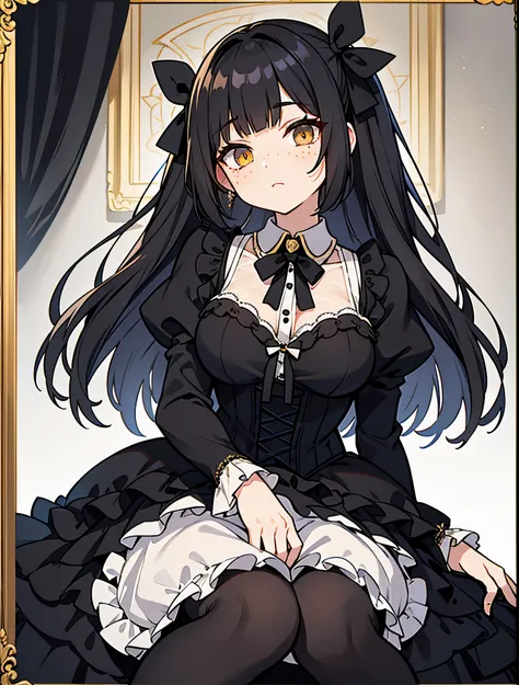 Raven black hair with black bangs that frames her delicate face. Her eyes are vibrant yellowy gold. She has freckles across her cheeks.
Costume: She opts for a Gothic Lolita dress in shades of black and white, with intricate lace and satin ribbons. Her dre...