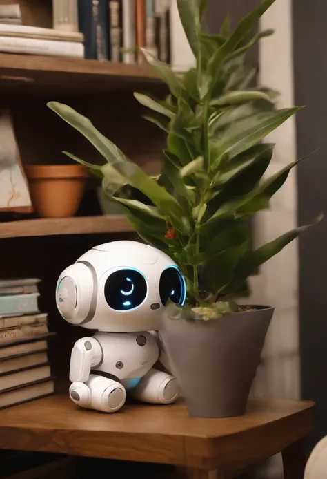 A photo of BlinkyBot peeking out from behind a potted plant on the bookshelf,original,A toy, named “BlinkyBot,” is an irresistibly cute, AI-powered robot, no larger than a teddy bear. Its soft, plush exterior, big, sparkling eyes, and a heartwarming smile ...