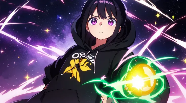 Vtuber sorprendido, hoodie negro, cabello negro con brillo morado, ojos con brillo de estrella, manos abiertas, fondo verde, efectos de manga, onomatopellas manga de explosion, war squad, risa, bullets, sparks, electric lights