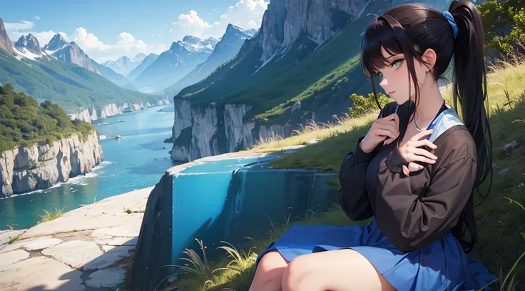 1 woman with dark hair, green eyes, beautiful face beautiful eyes, pony tail, blue dress, nature mountains, masterpiece, high quality