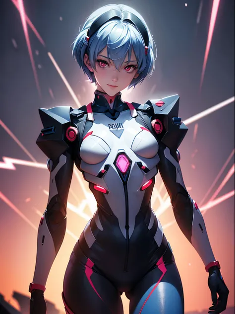 Evangelion robot is standing in the background,Masterpiece portrait of a smiling Rei Ayanami (Evangelion), Evangelion (Hideaki), Caustics, High resolution illustration,14years, Red Eyes, Feminine, no pupils, Blue hair,  Short hair, Very small breasts,Japan...