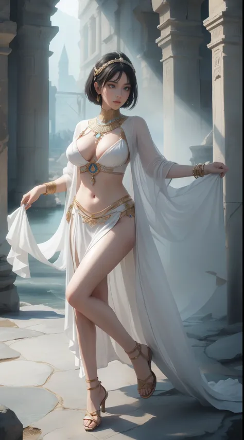 tmasterpiece，Highest image quality，Beautiful full body portrait of noble ancient egyptian girl，Delicate black hairstyle，Short hair tied up，clear sea blue eyes，Ancient Egyptian white clothes were simple and elegant，(sandals，nail art)Ancient Egyptian civiliz...