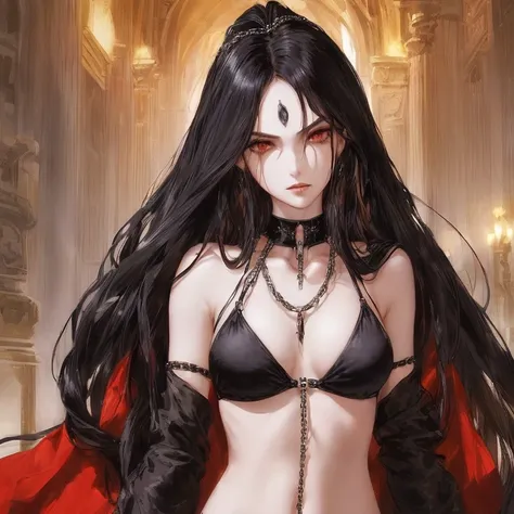 (((long strands of hair in front of face, hair strands between eyes))) (best quality, masterpiece, colorful, dynamic angle, highest detailed) (official art, extreme detailed, highest detailed) (long straight black hair, hair covering face, pale skin, dark ...