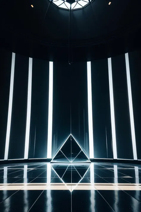 black setting, with black floor, but there are lights illuminating the environment, there is a large glass window in the shape of a large diamond, the diamond-shaped window is large, the environment is ready to be recorded a pop music video, background, co...