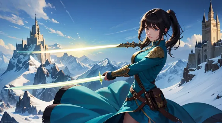 1 woman with dark hair, green eyes, beautiful face, beautiful eyes, pony tail, blue tunic, holding glowing sword, nature, mountains, fantasy, castle, masterpiece, high quality, vivid colors