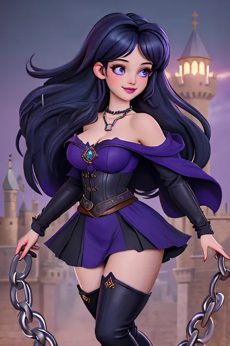 close up 1girl in, 20years, Solo, Aesthetic artwork, long dark blue hair, thick dark blue hair, Violet eyes, clear skin, pale skin, massive breasts, DD-Cup, cleavage, fit body, (round hips, thin waist: 1.25), (Sirius face, dark lipstick, mischievous smile:...